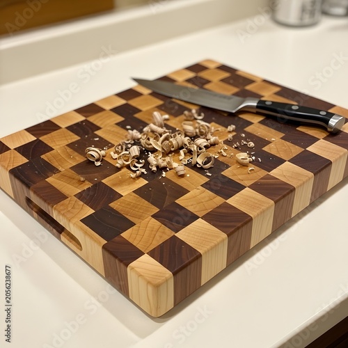 End grain wood cutting board with chef's knife and wood shavings