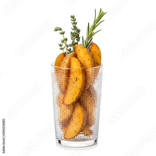 Herb infused potato wedges in a glass