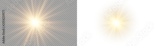 Yellow star flashed with sparkles sun isolated on white background. Soft glow without departing rays, sunlight with lens flare effect. PNG vector light effect