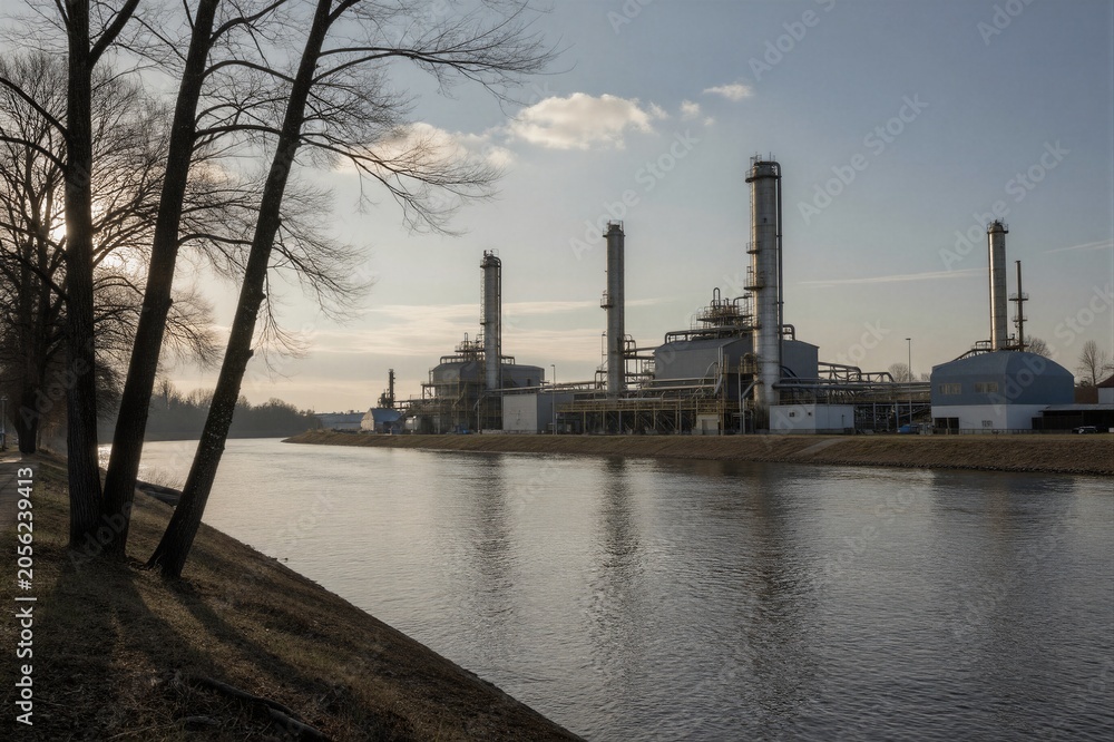 Obraz premium A serene industrial landscape along a calm river features a chemical plant with towering smokestacks and late autumn foliage.