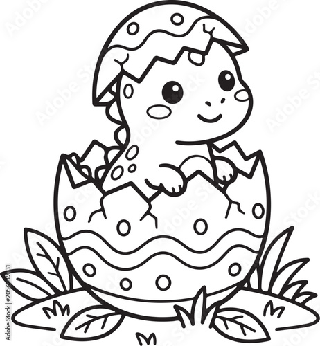 Cute dinosaur hatching from egg, egg, illustration, dinosaur, dinosaur, baby, line art, art