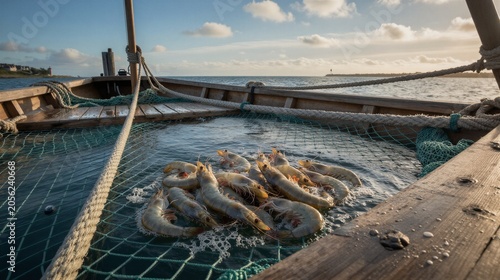 A cluster of live Pacific white shrimp (Penaeus vannamei) is captured in a close-up shot on a West Flanders Sea Shrimp Fishing Boat.