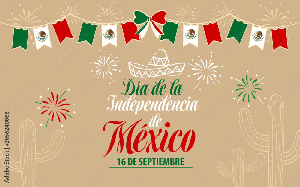 Obraz premium Dia de la Independencia de Mexico typography with Mexican flags fireworks and festive background