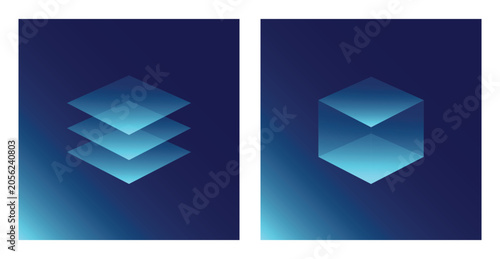 Futuristic Glass Cube and Layered Data Stack Technology Illustration Set