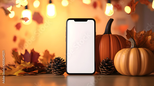 Smartphone with white screen mockup, near pumpkins, pine cones and autumn leaves against the backdrop of lights on an orange background