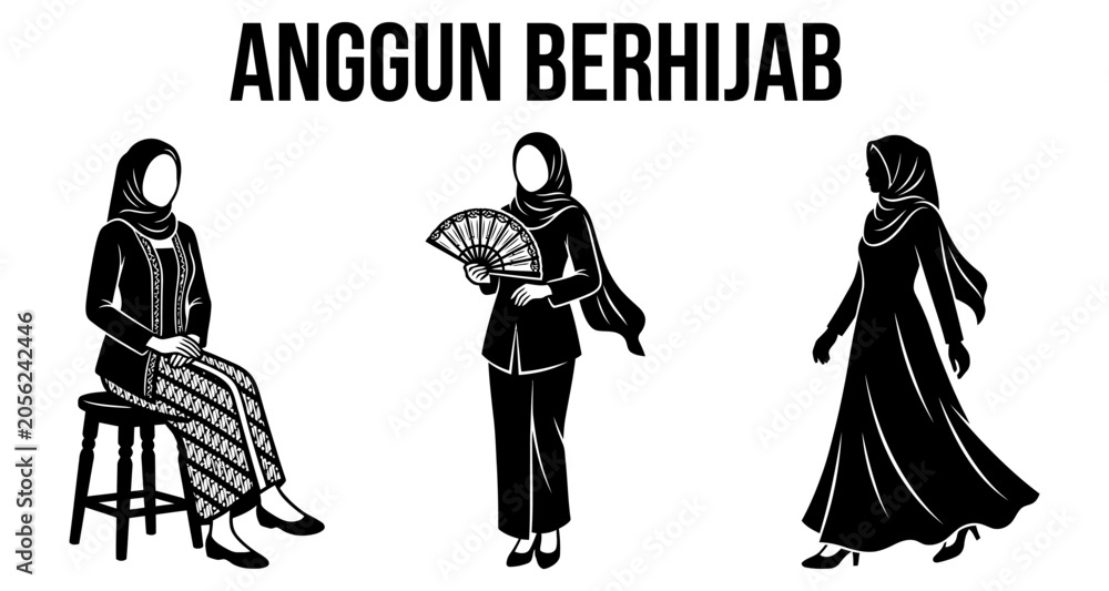 Obraz premium Elegant Muslim women in traditional attire with hijabs in a clean white background vector silhouette