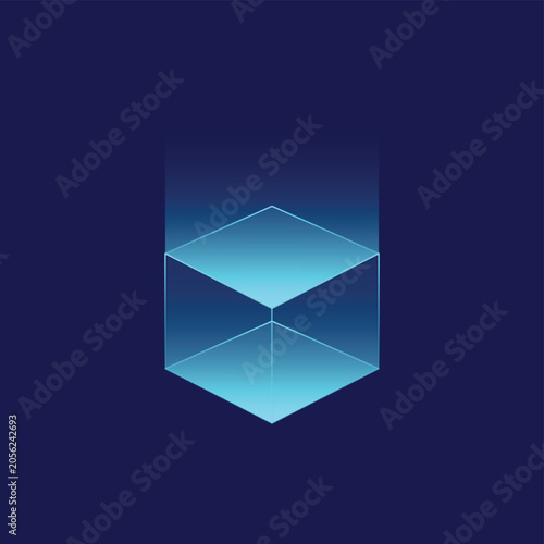 Futuristic Holographic Cube with Transparent Glass Geometry on Blue Background