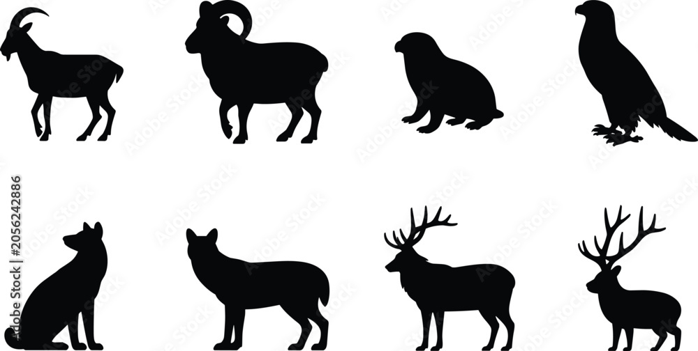 Fototapeta premium Wild Animal Silhouette Icons Set Featuring Goat, Ram, Seal, Eagle, Wolf, Elk, and Reindeer