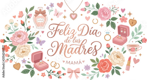 Schilderij op canvas Feliz dia de las madres banner with pink roses and luxury gifts