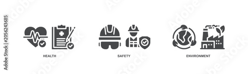 HSE concept icon illustration. Occupational Health, Industrial Safety, and Environment Protection Business Icons.