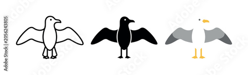 Three stylized seagull icons in different artistic representations on a white background