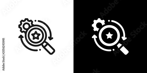 Feature Discovery Magnifier Star Icon concept with flat Black White Background. Vector illustration.