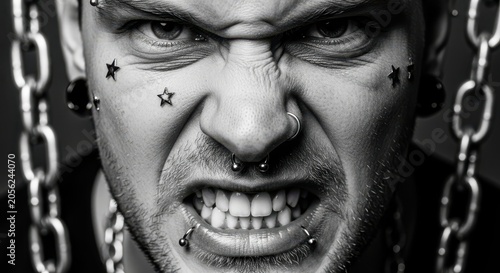 Intense Portrait of an Angry Man with Facial Piercings and Chains in Black and White Dramatic Style