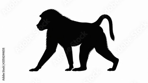 Baboon silhouette on white background, black monkey profile walking, african primate animal shape, minimalist wildlife graphic for logo design