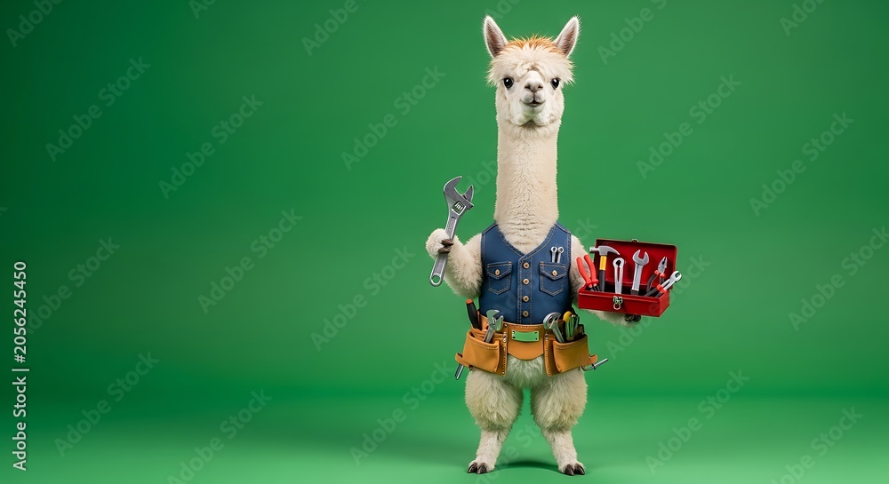 Fototapeta premium Funny Llama Handyman Wearing Tool Belt and Holding Wrench and Toolbox on Green Background; DIY Home Repair and Professional Maintenance Service Concept