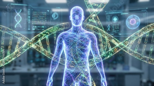 Futuristic hologram of a human figure with DNA strands, showcasing advanced biotechnology and genetic research.