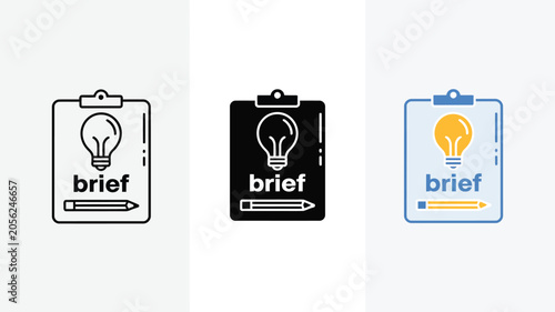 Clipboard Business Icons, Minimalist Creative Idea, Project Brief and Writing Set