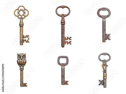Assortment of vintage and antique metal keys with an owl design, isolated on a transparent background.