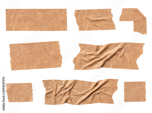 Realistic collection of brown adhesive paper tape elements with torn edges, isolated on transparent.