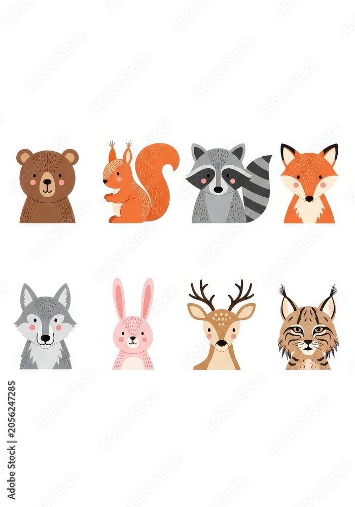 Fototapeta premium Cute Forest Animals Collection with Bear Squirrel Raccoon Fox Wolf Rabbit Deer and Lynx for Nursery Decor and Kids Design
