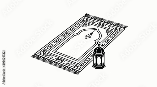 Black and white illustration of an Islamic prayer rug and a traditional lantern.