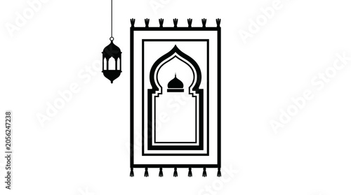 Fotografie Minimalist black and white prayer rug and lantern illustration.