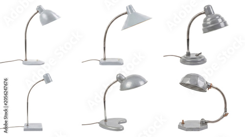 Photos Collection of six different vintage industrial style desk lamps, flexible gooseneck arms on transparent