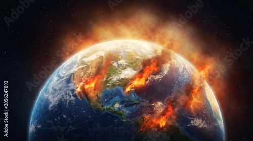 An artistic depiction of a burning Earth, symbolizing climate crisis and environmental destruction.
