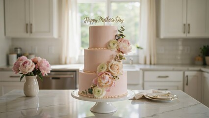 Elegant three-tiered pink Mother's Day cake decorated with fresh flowers and gold topper on a kitchen counter