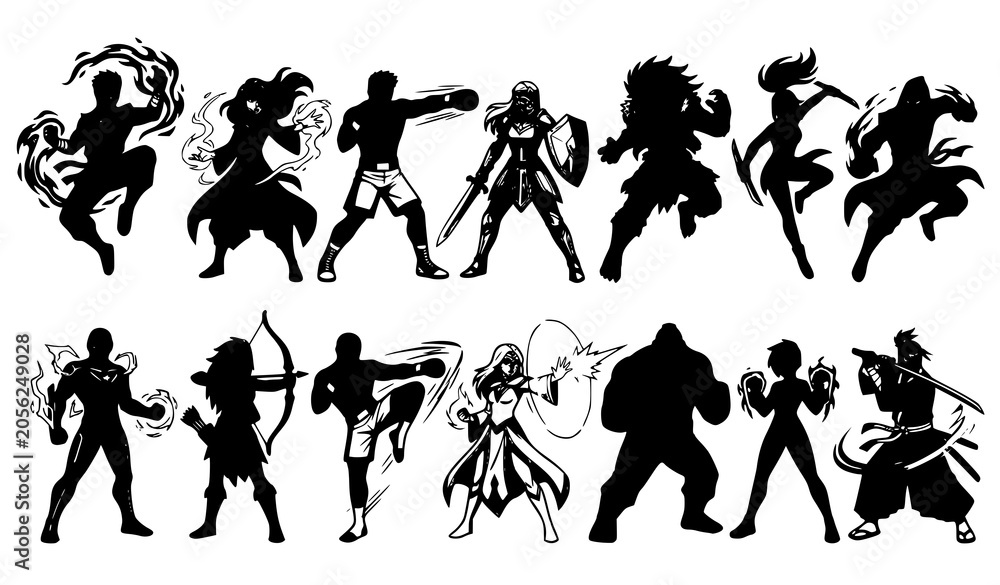 Obraz premium Fantasy Warrior Silhouette Collection Featuring Action Hero Characters and Adventure Game Designs