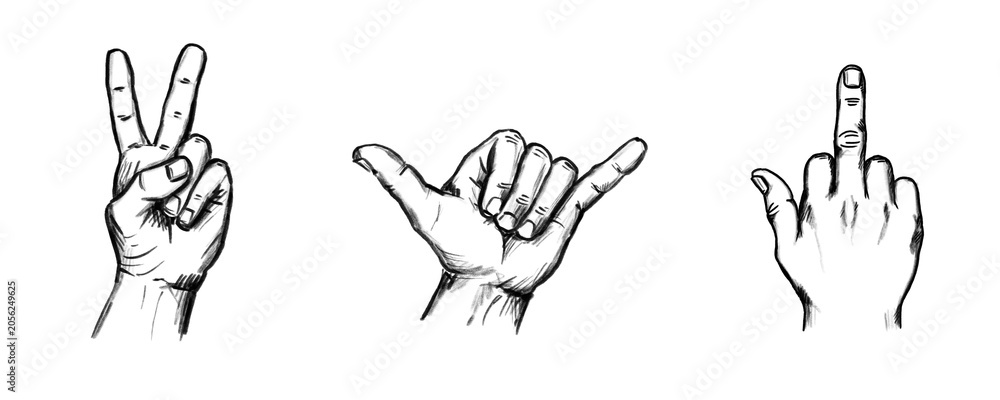 Fototapeta premium Victory Shaka Middle Finger Hand Signs Set Hand Drawn Illustration, black pencil, white on trandparent, PNG, human made, no ai