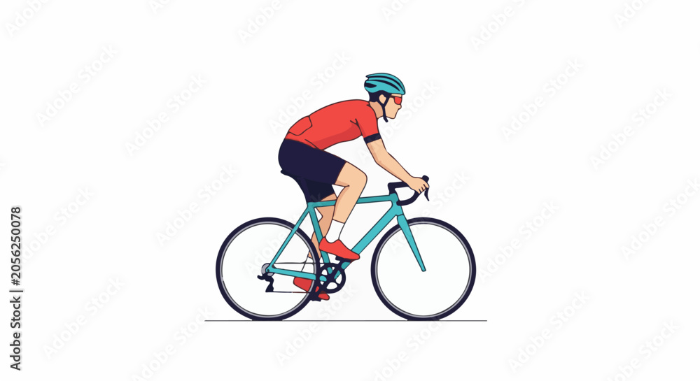 Fototapeta premium Athletic cyclist in red jersey and blue helmet rides turquoise bicycle