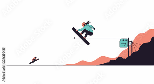 Snowboarder mid-air jump, another snowboarder approaching on the ground, against abstract hills
