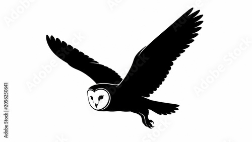 Barn owl silhouette in flight, black and white nocturnal bird illustration, flying owl with spread wings, minimalist wildlife graphic design