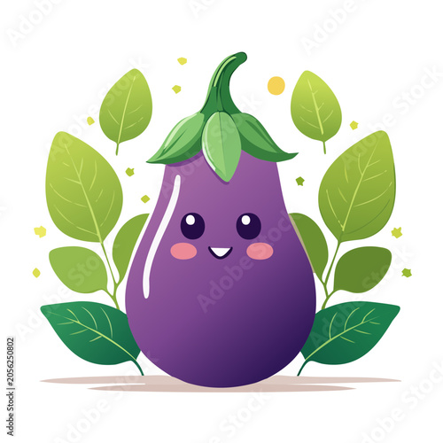 Purple eggplant with leaves and dew drops