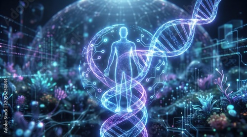 A digital representation of human DNA showcasing genetic structure and biological data in a vibrant environment.