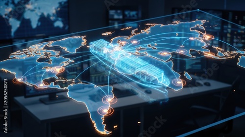 A digital representation of global logistics, featuring a cargo ship navigating interconnected networks.