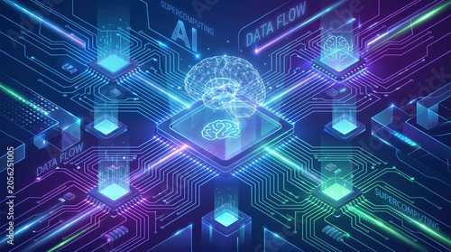 Futuristic digital brain over a circuit board, representing artificial intelligence and data flow in a neon style.