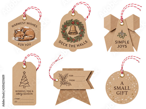 Charming set of kraft paper Christmas gift tags featuring adorable holiday illustrations isolated on transparent.