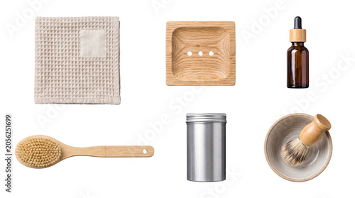 Fotografie Overhead flat lay photograph of natural and sustainable spa products, including towel, soap dish, and shaving kit