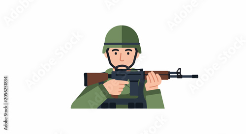 A flat, illustrated soldier in a green uniform and helmet, holding a rifle