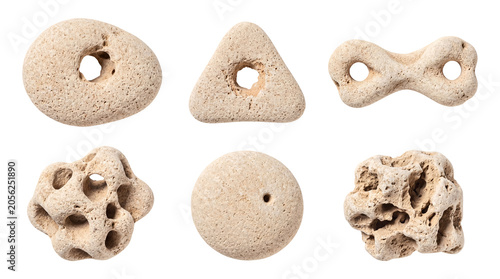Valokuva Variety of natural hag stones or adder stones featuring distinctive holes and porous textures, isolated