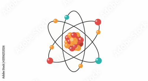 Stylized atomic model with nucleus and orbiting particles on white background