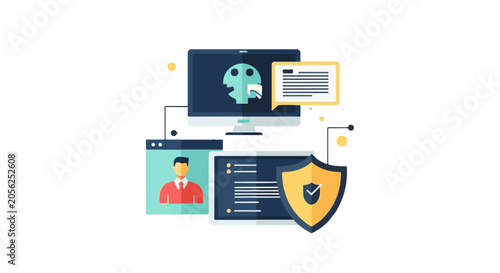 Digital security concept with a shield, computer, and user profile icon