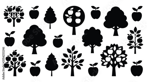 Apple vector silhouette set containing various fruit orchard trees
