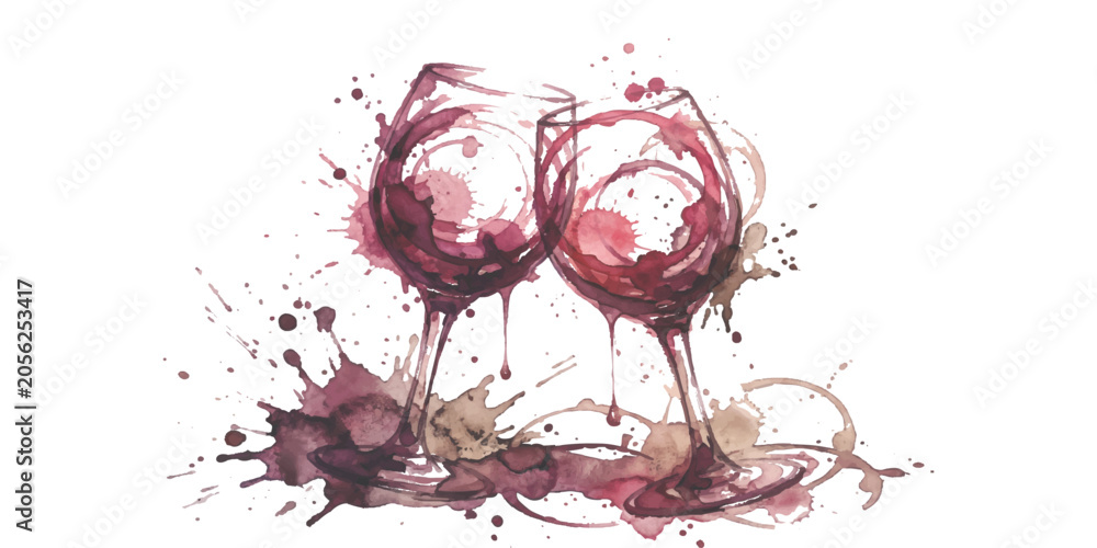 Fototapeta premium Two glasses of red wine clinking together with artistic paint splashes and colorful liquid drops for celebration