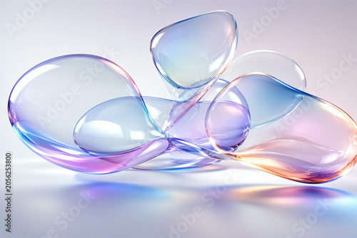 Abstract Floating Iridescent Glass Shapes with Soft Gradient Reflections, Futuristic Luxury Background