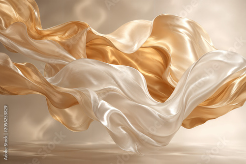 Abstract Flowing Golden and Ivory Silk Fabric Waves, Luxury Elegant Background Design, ai