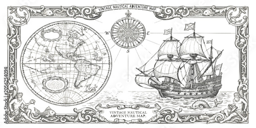 Foto Vintage nautical adventure map with an old sailing ship and a compass rose in a