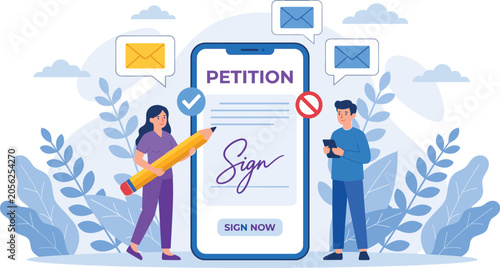 Online petition concept vector illustration with people signing digital documents and making choices on smartphone screen